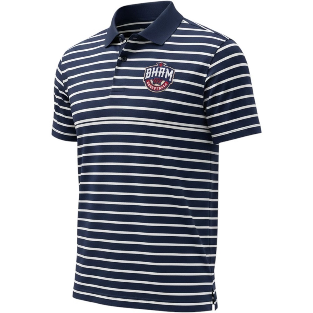 Nike Dri-FIT Mens Medium Navy White Striped BHAM Basketball Polo Shirt Short Slv